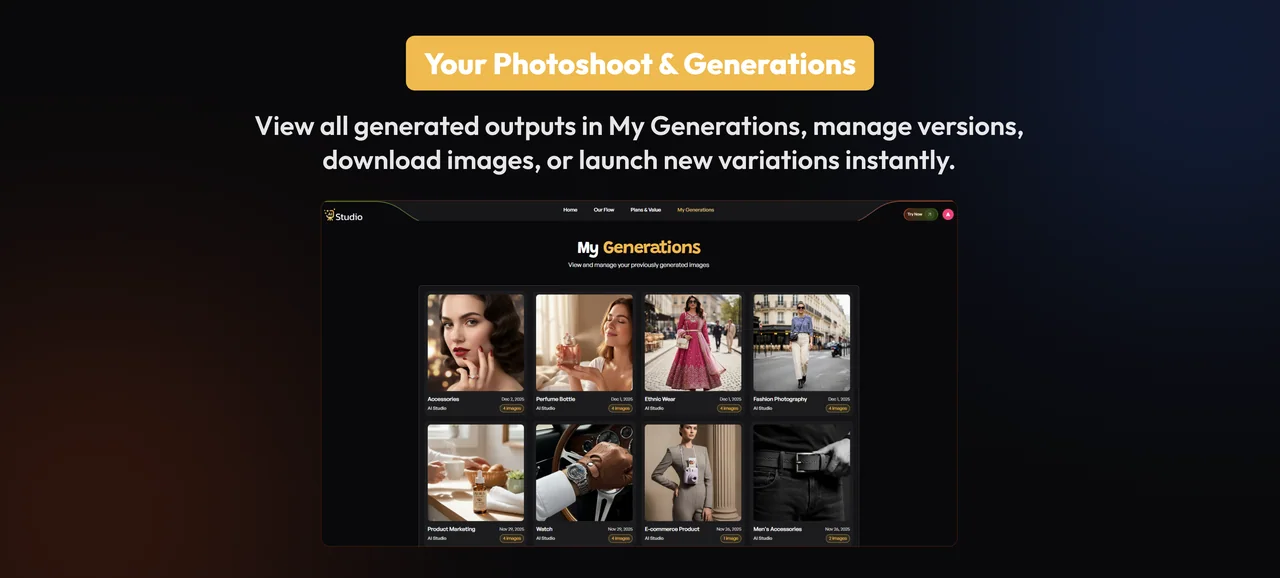 AI Studio gallery of product image generations