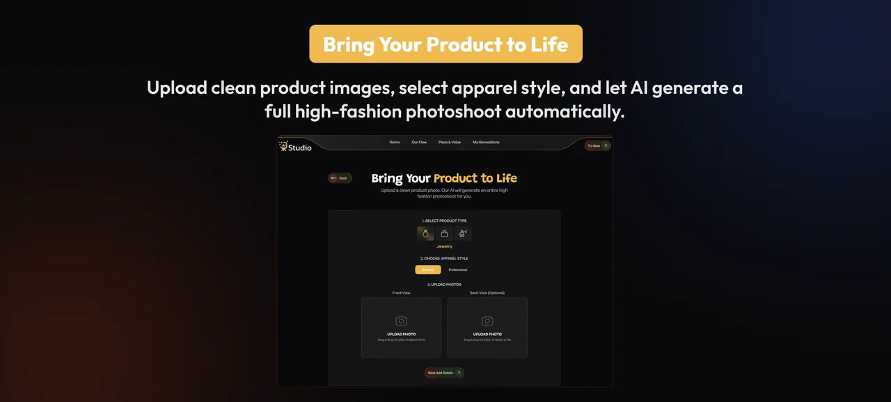 AI Studio product upload and photoshoot settings
