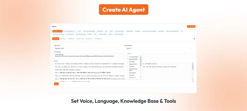 CallIntel agent configuration with voice, language and knowledge settings