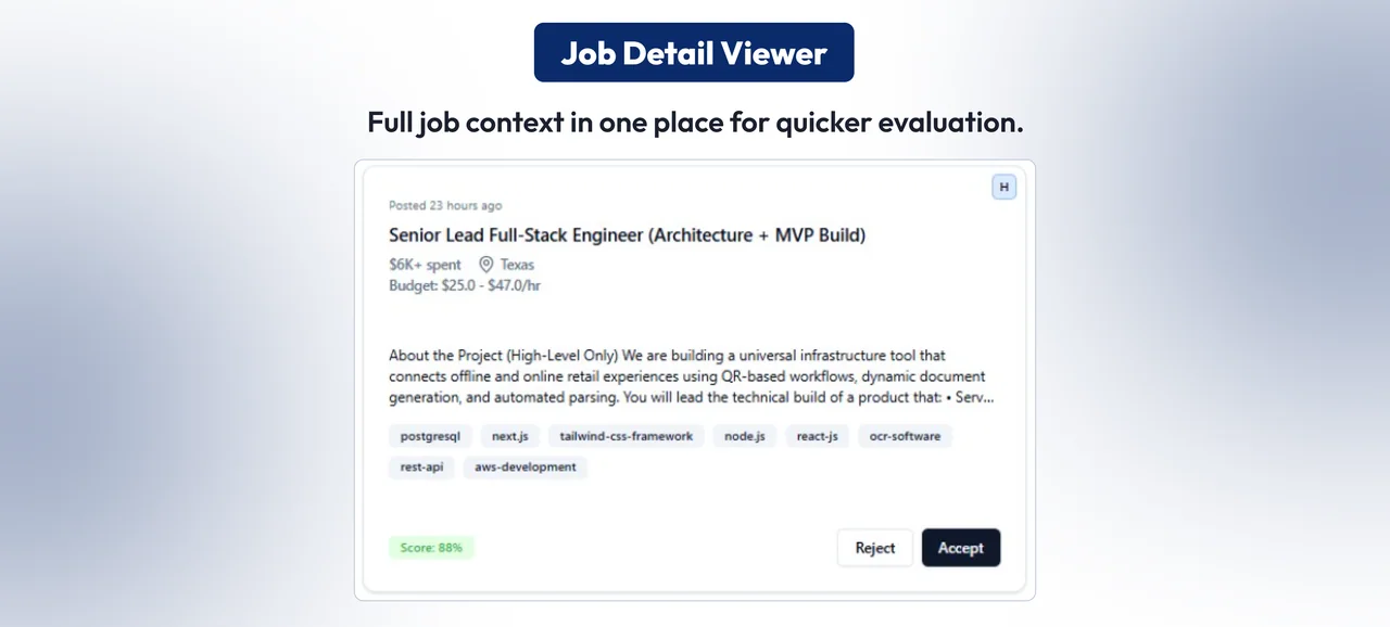 Upwork Agent opportunity details and accept or reject controls
