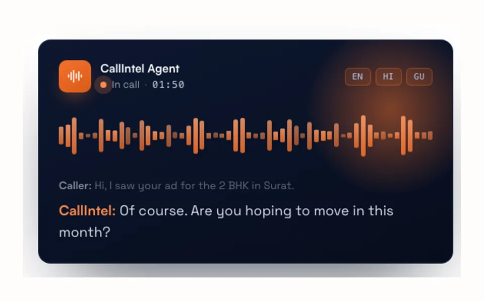 CallIntel's live-call card: an agent on a call, with the transcript as it happens.