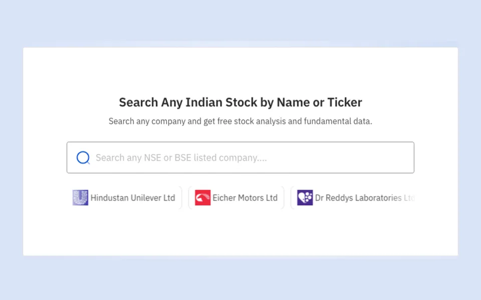 Dhanarthi's stock search, finding an Indian listed company by name or ticker.