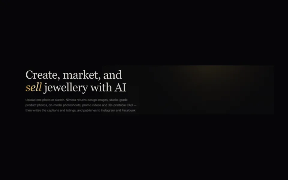 NimoraAI's heading: create, market and sell jewellery with AI.